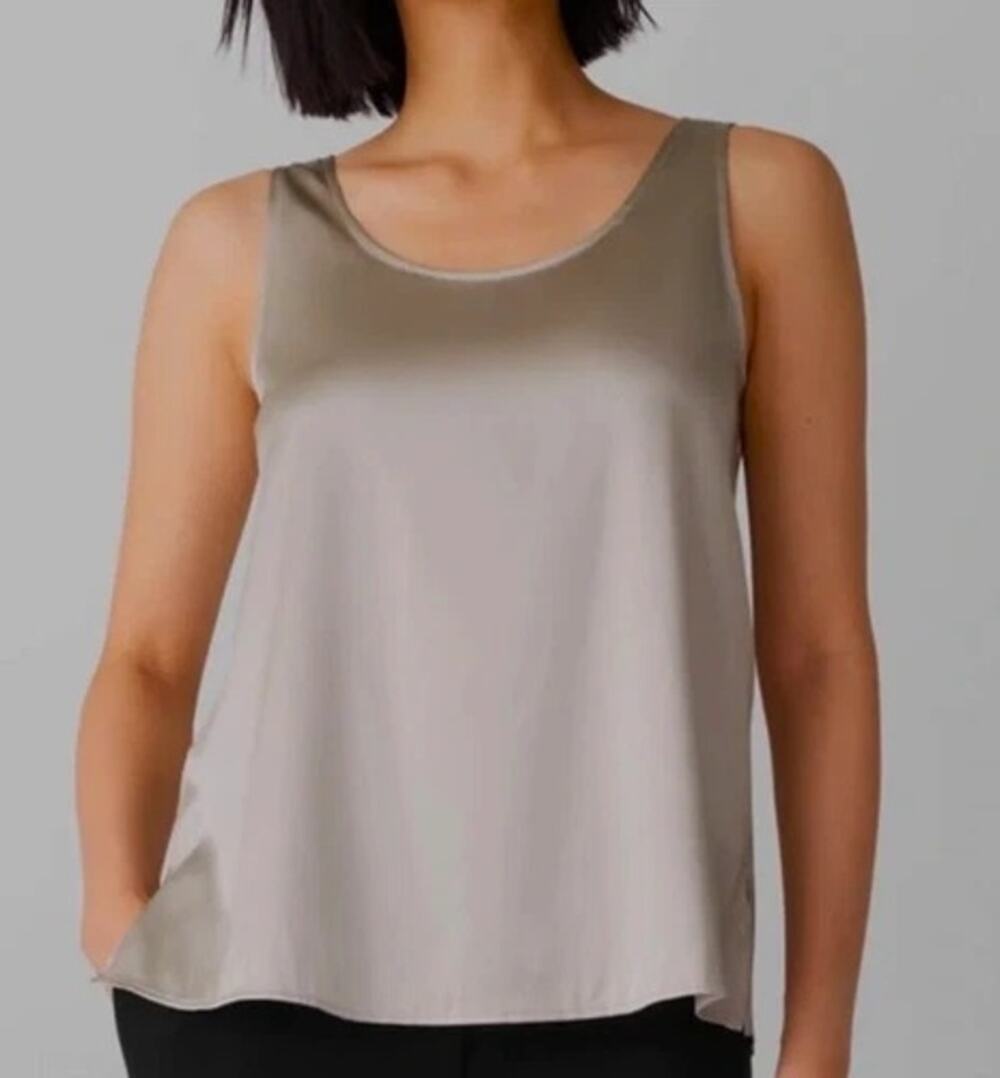 Eileen Fisher Stretch Silk Charmeuse Scoop Neck Tank Medium Silver Quiet Luxury